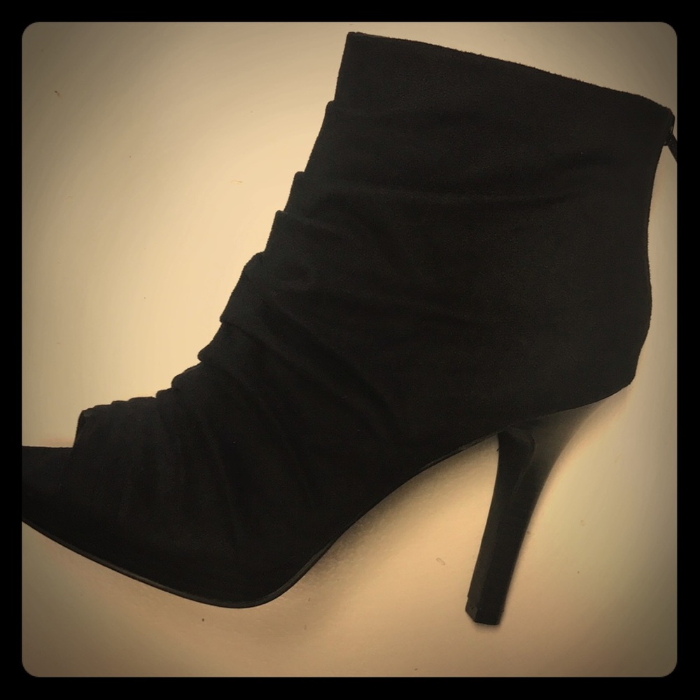 Black suede open toed heels